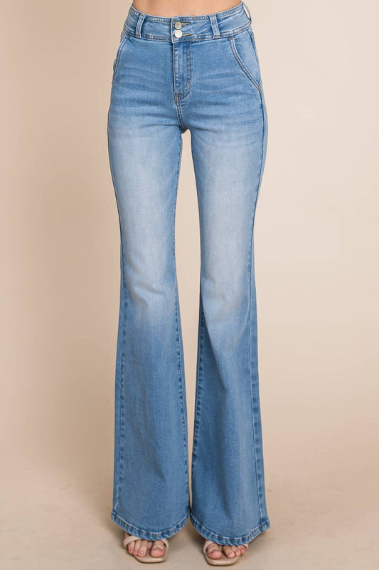 Medium Wash - High Rise Double Button Flare Jeans