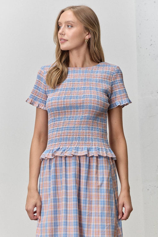 GINGHAM SMOCKED BODICE TOP