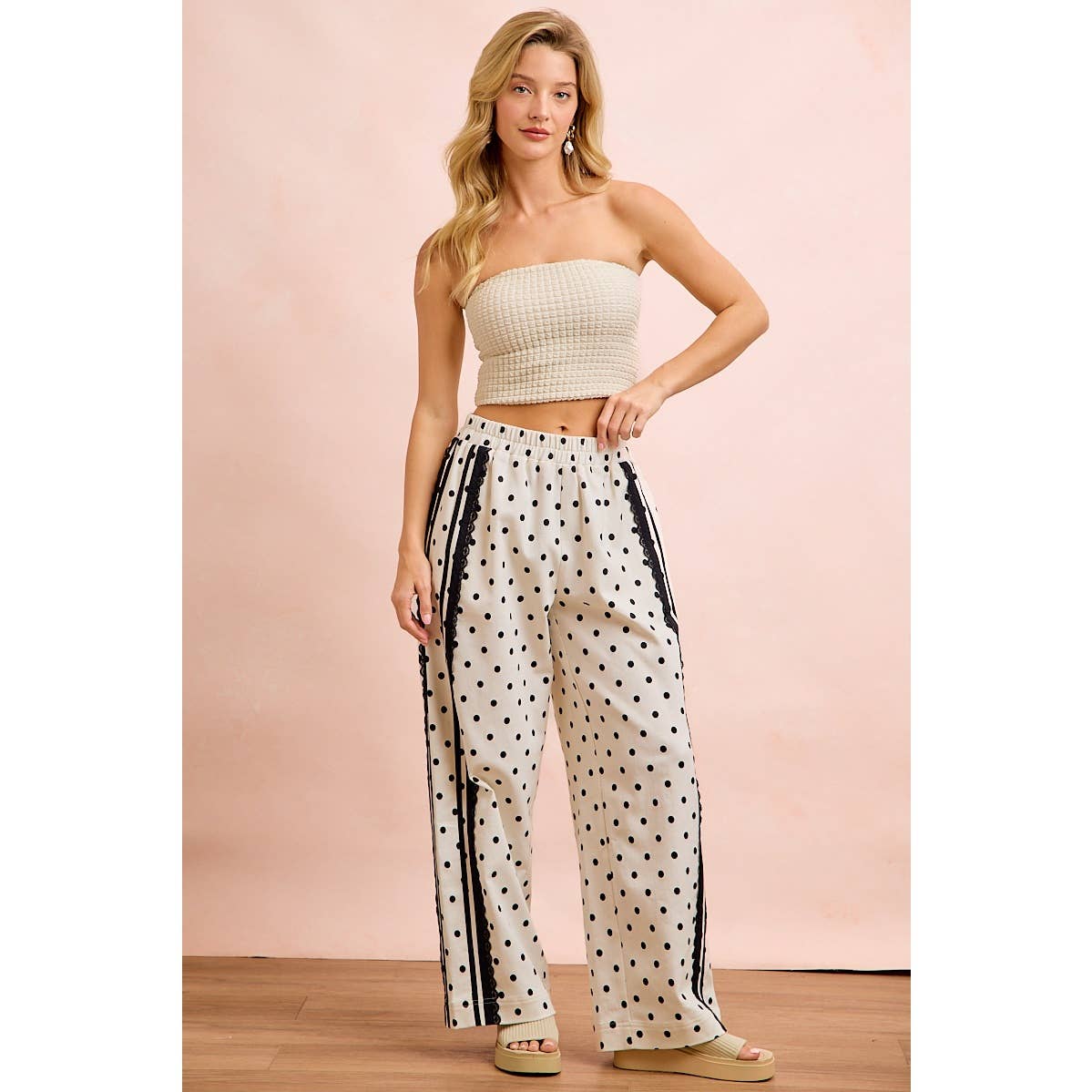 POLKA DOT PRINTED TWILL LACE TRIM DETAIL PANTS