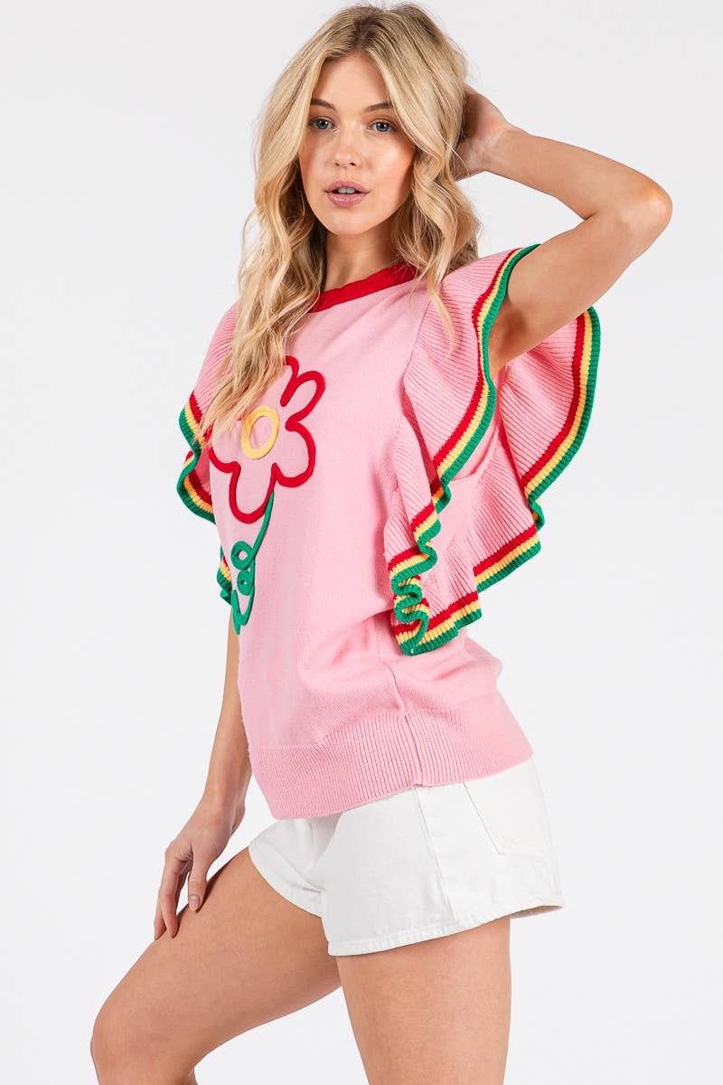 PINK FLORAL RUFFLE KNIT SWEATER TOP