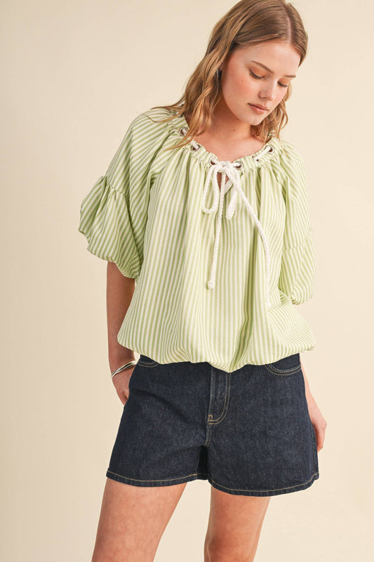 STRIPED BUBBLE TOP WITH GROMMET NECKLINE