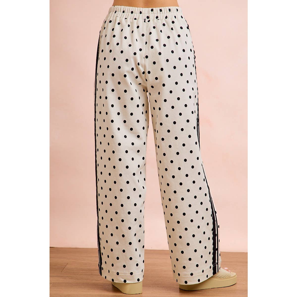 POLKA DOT PRINTED TWILL LACE TRIM DETAIL PANTS