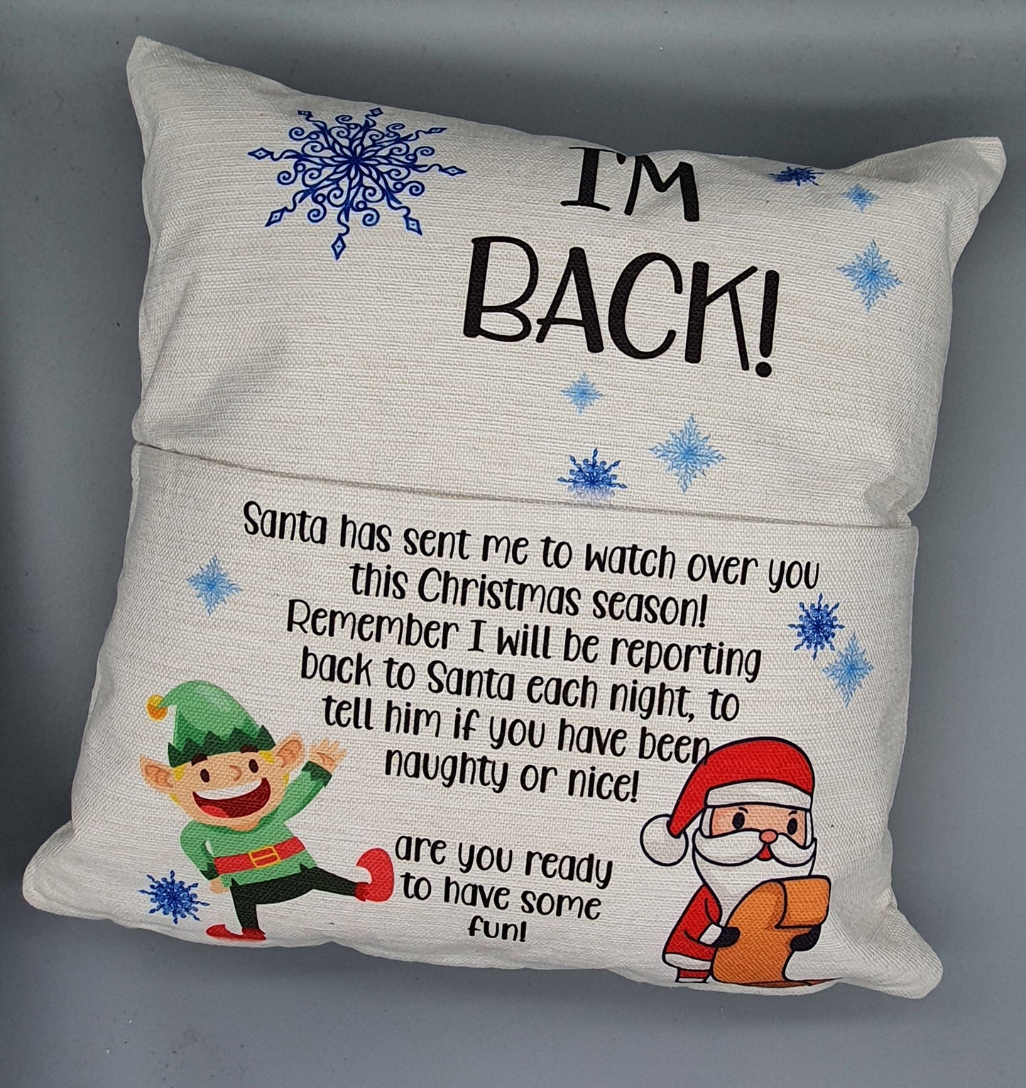 Elf Arrival Cushion, Naughty Christmas Elf printed no pad