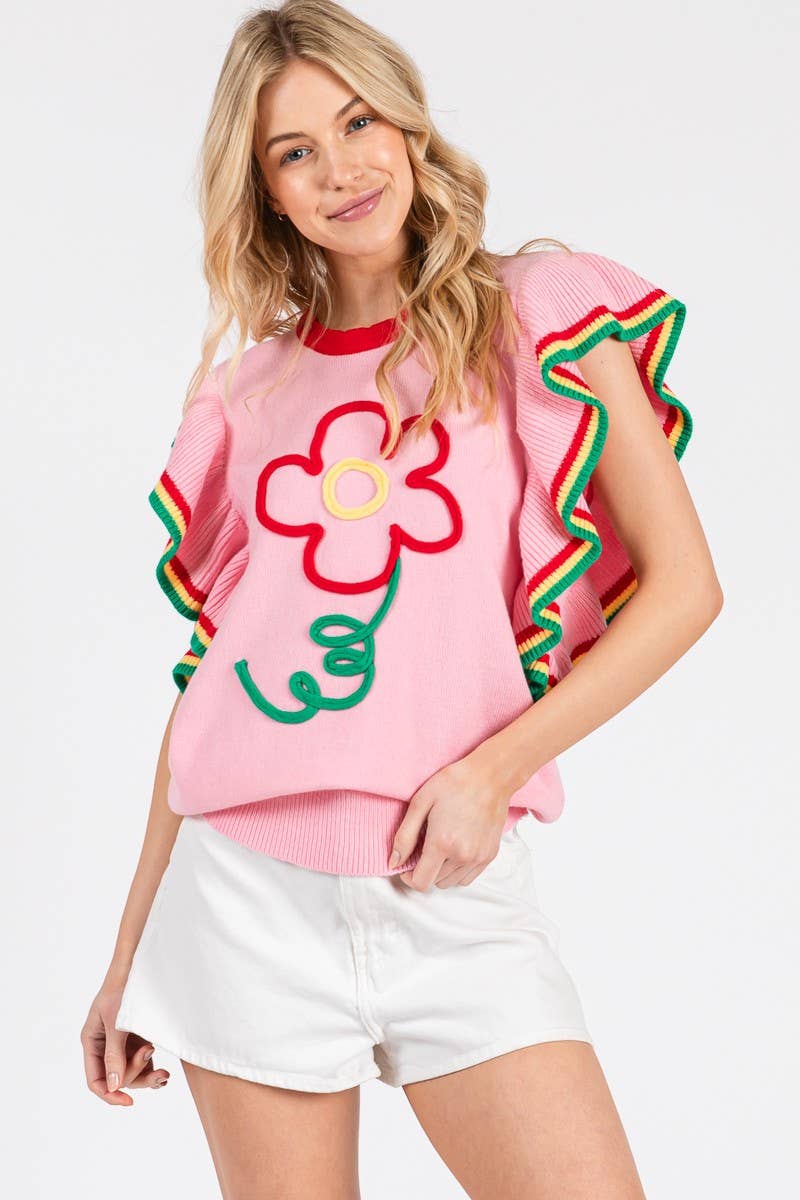 PINK FLORAL RUFFLE KNIT SWEATER TOP