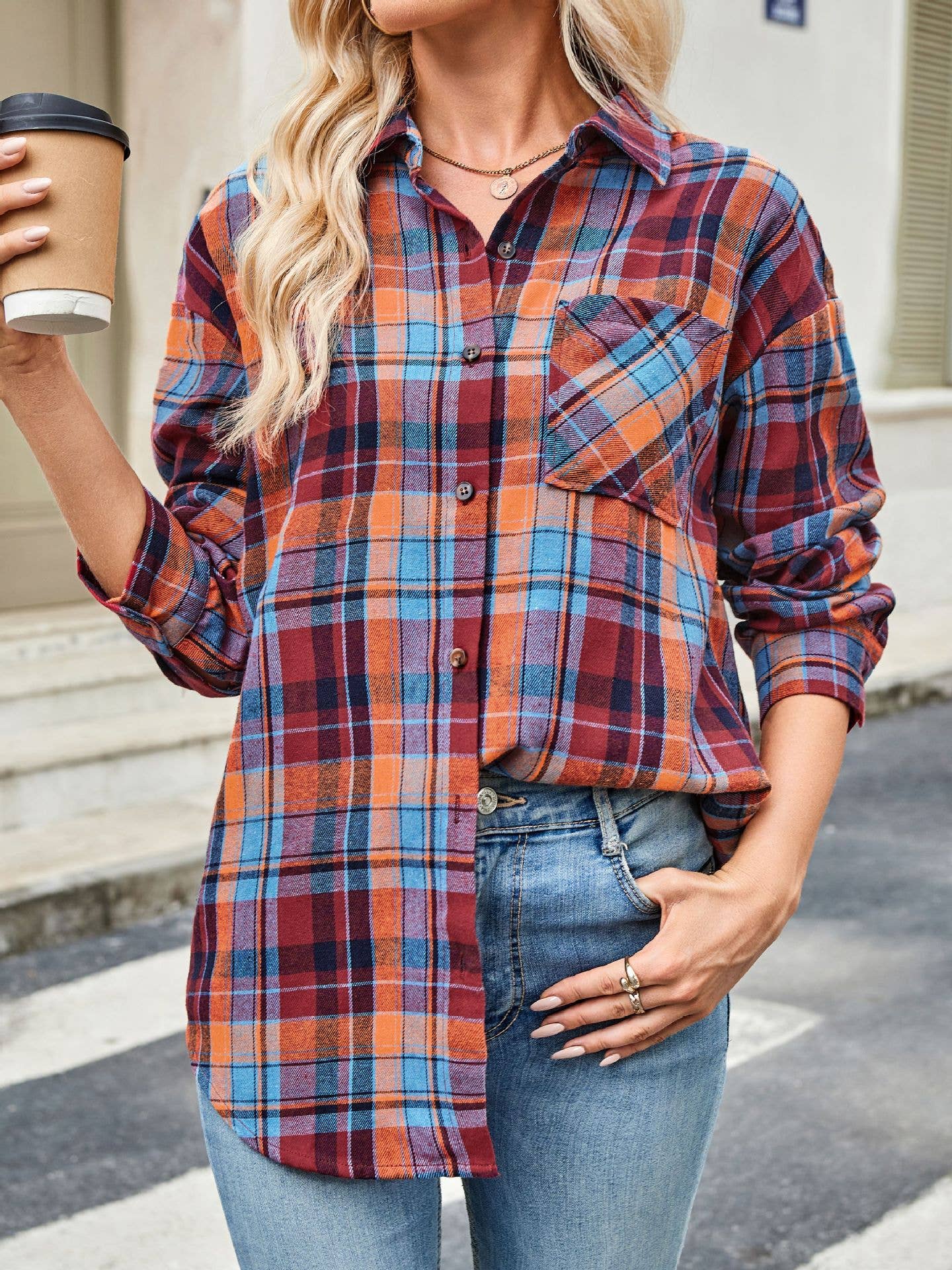Plaid Button Down Long Sleeve Shirt for Women