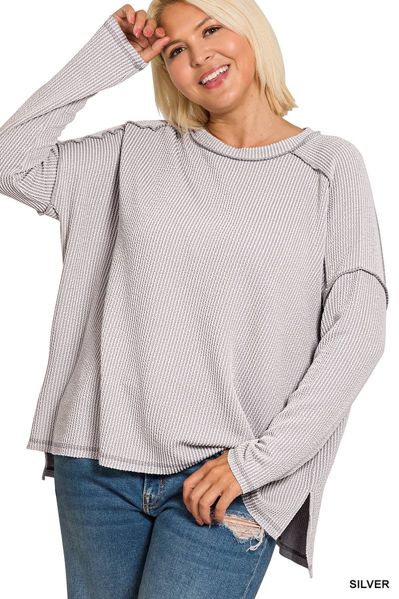 Plus Raised Rib Raw Edge Boat Neck Long Sleeve Top
