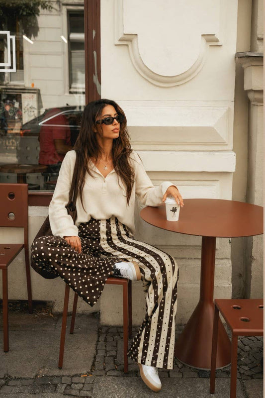 MIX DOT & STRIPE PANEL WIDE LEG PANTS