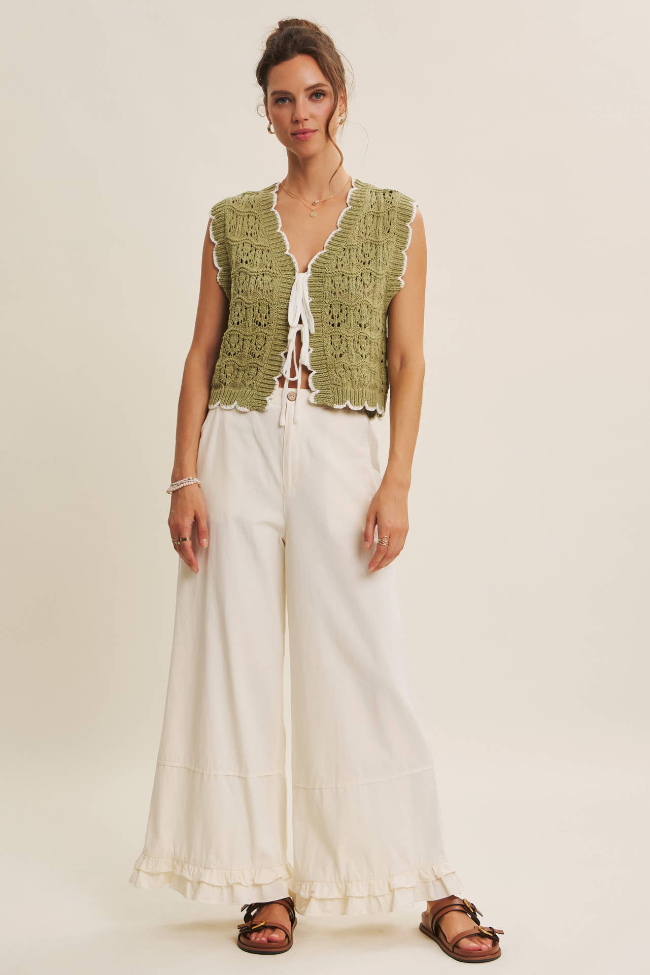 DREAMY STATEMENT COTTON WASHED WIDE-LEG PANTS WITH RUFFLES