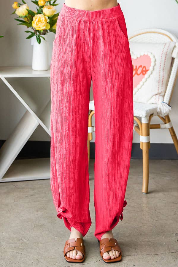 Lightweight Crinkle Ankle Tie Split Side Flowy Pants  P5047