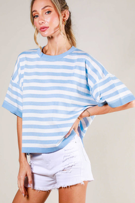 Crew Neck Short-Sleeve Stripe knitted Sweater Top VT81842