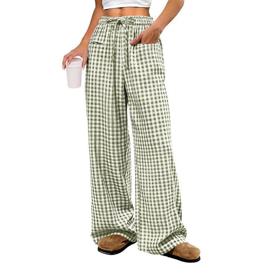 Womens Plaid Wide Leg Drawstring Waist Casual Pants