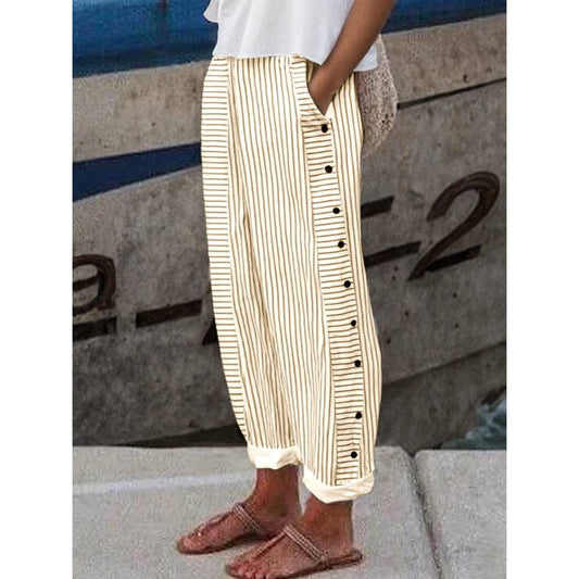 Loose Buttoned Pockets Striped Pants Trousers