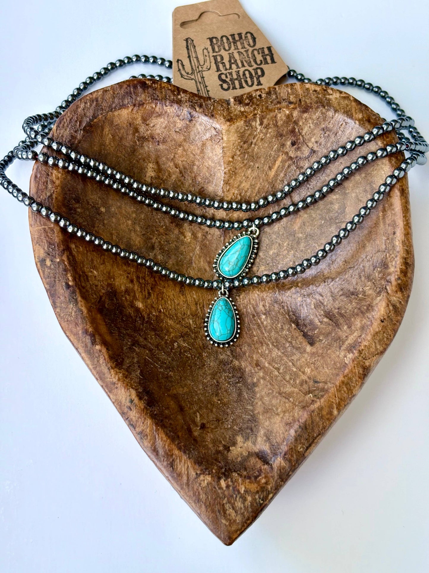 3 Layer Beaded Necklace w/ Teardrop Turquoise Stone Pendant