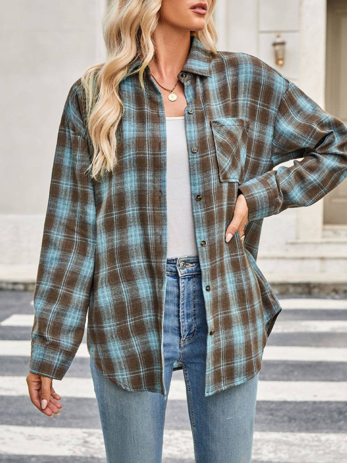 Plaid Button Down Long Sleeve Shirt for Women
