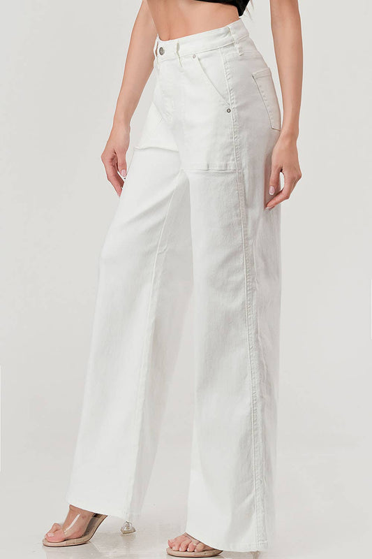 WHITE - PATCHED POCKET WIDE LEG JEANS