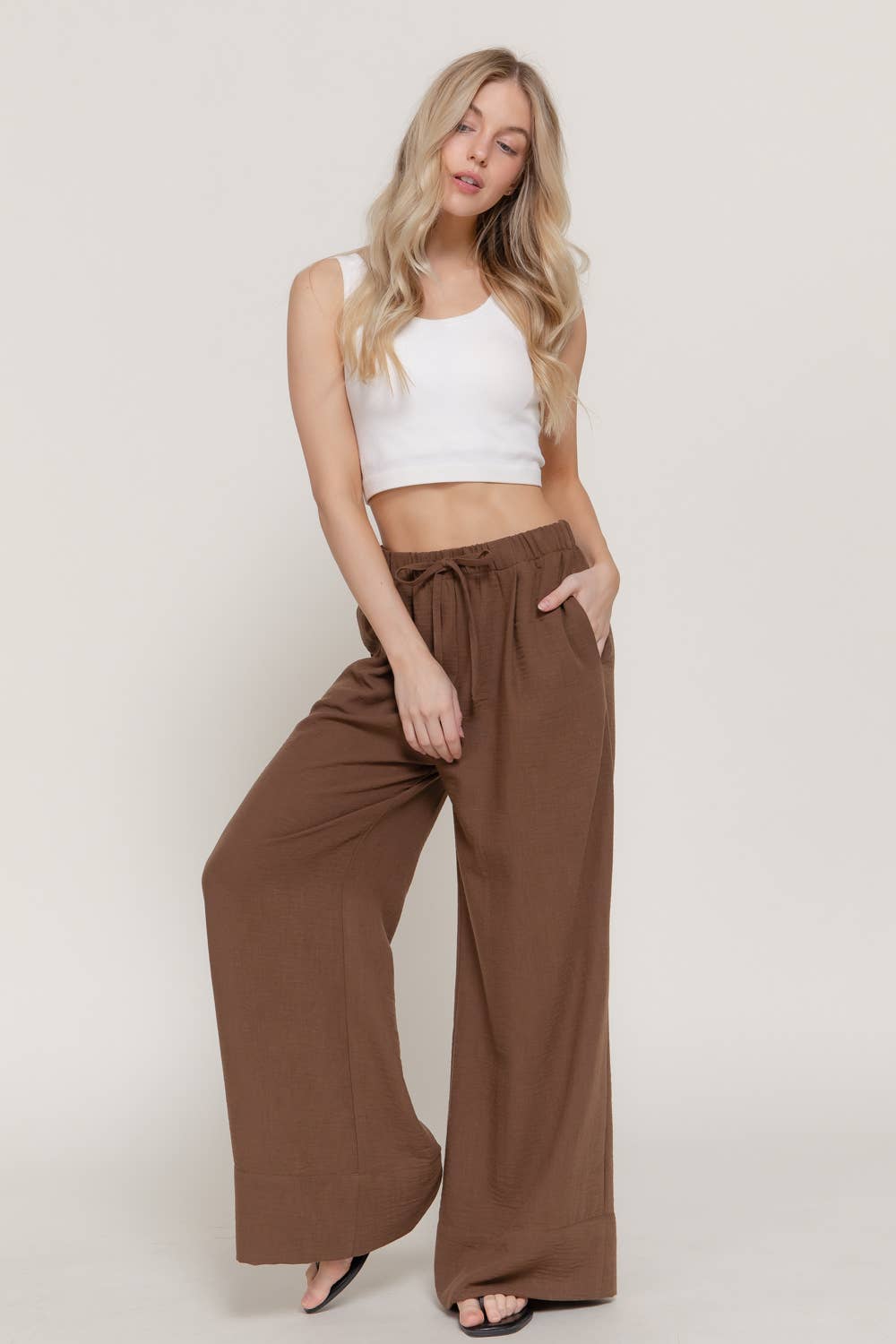 Waist Band With String Linen Effect Palazzo Pants
