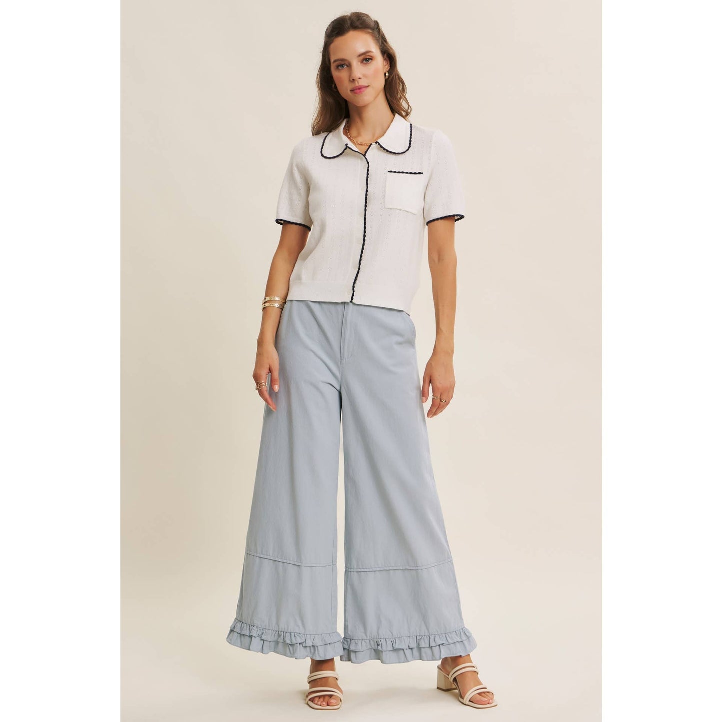 DREAMY STATEMENT COTTON WASHED WIDE-LEG PANTS WITH RUFFLES