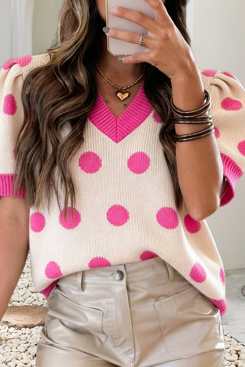 Polka Dot Puff Short Sleeve V Neck Sweater Top
