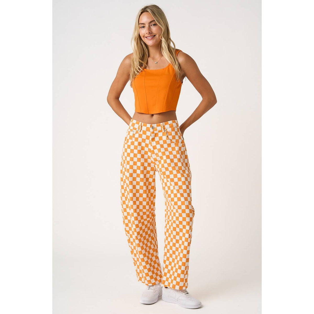 GAME DAY CHECKERED ELASTIC WAIST BARREL PANTS
