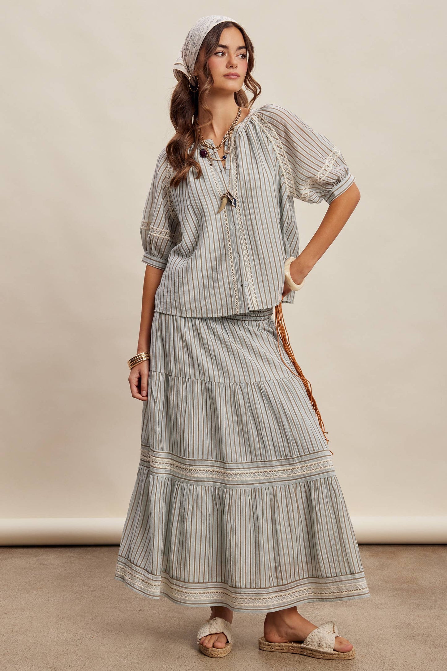 Striped Smocked Maxi Skirt with Embroidery Accents