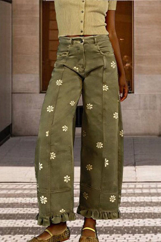 Daisy Print Ruffle Hem Wide Leg Pants