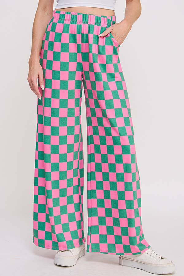 HIGH WAIST CHECKERED STRAIGHT LEG KNIT PANTS