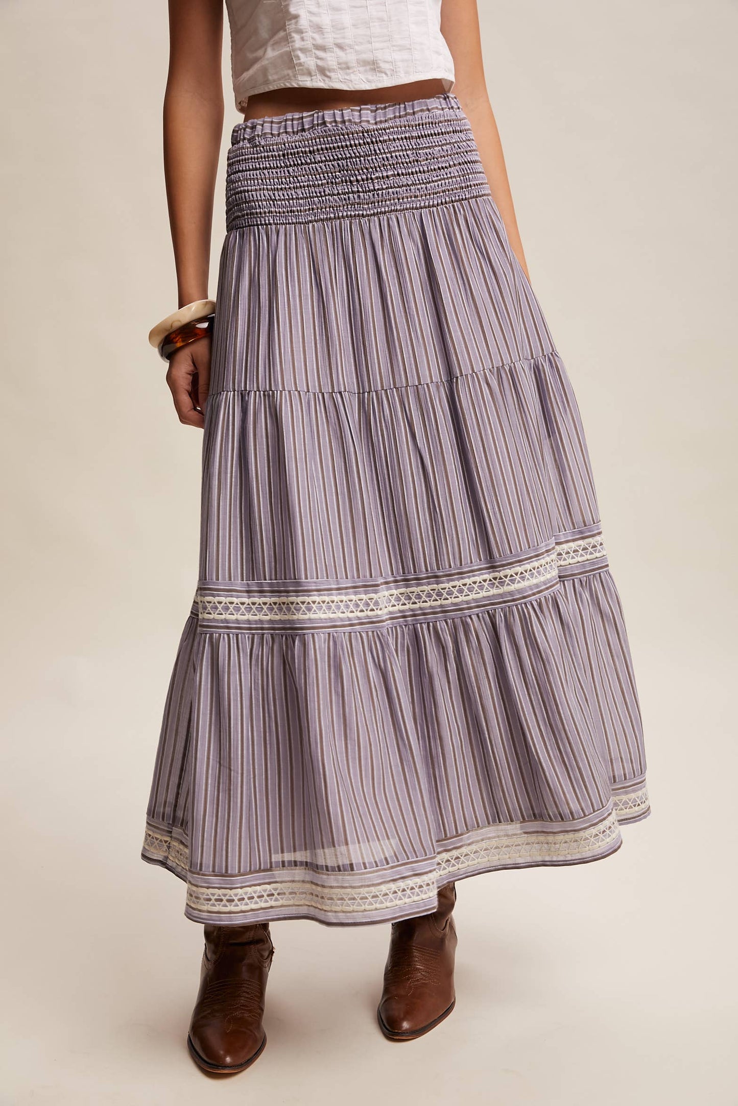Striped Smocked Maxi Skirt with Embroidery Accents