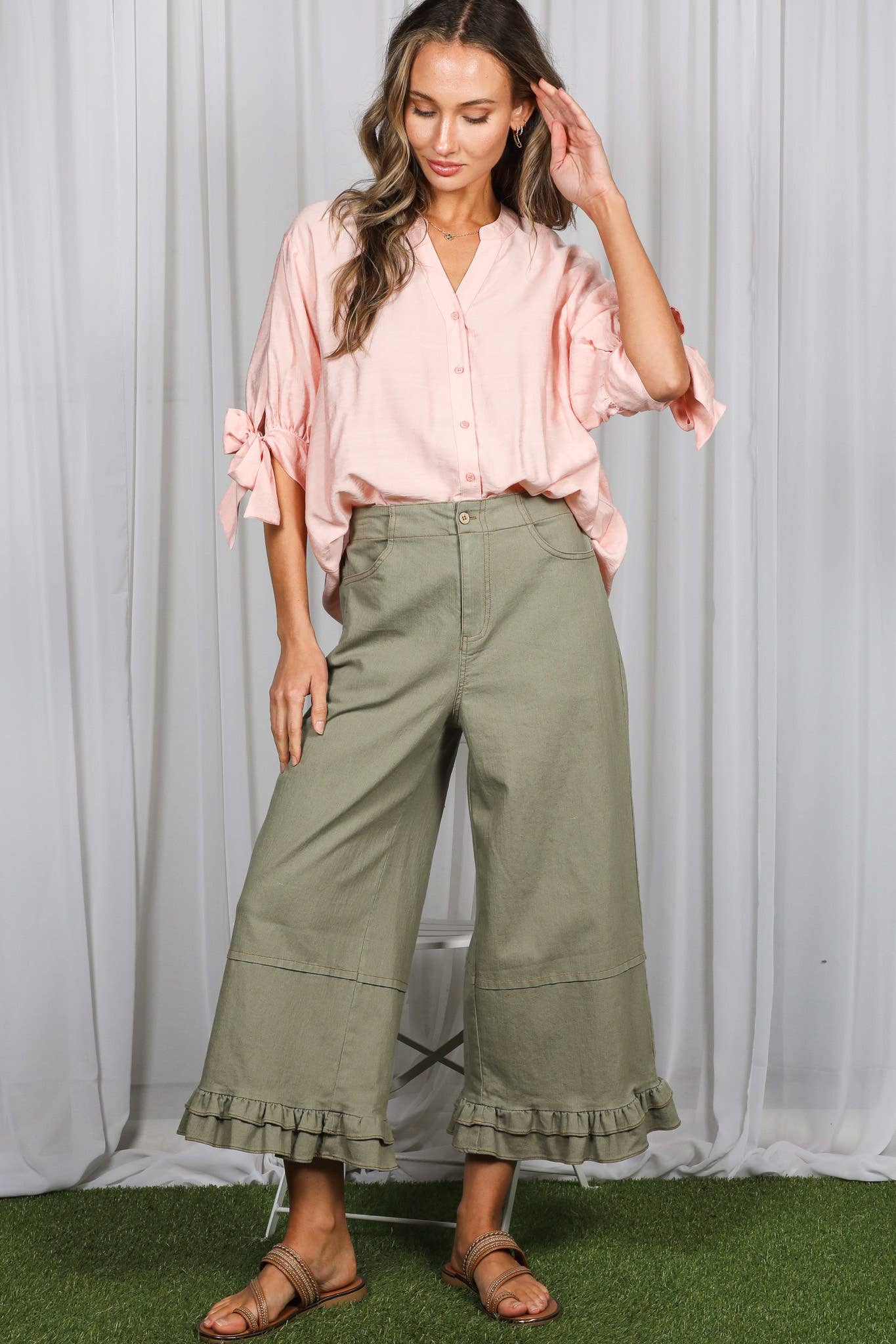 Casual Ruffle Hem Stone Wash Cropped Denim Pants