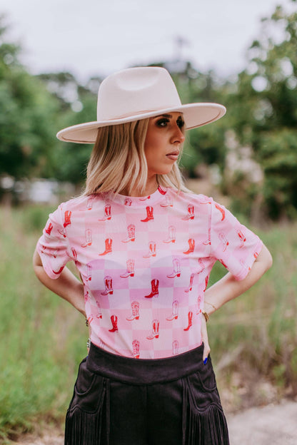 Cheery Short Sleeve Mesh Top - Pink Checkers