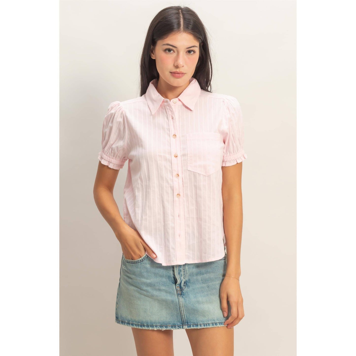 Button-Up Puff Short Sleeve Shirt