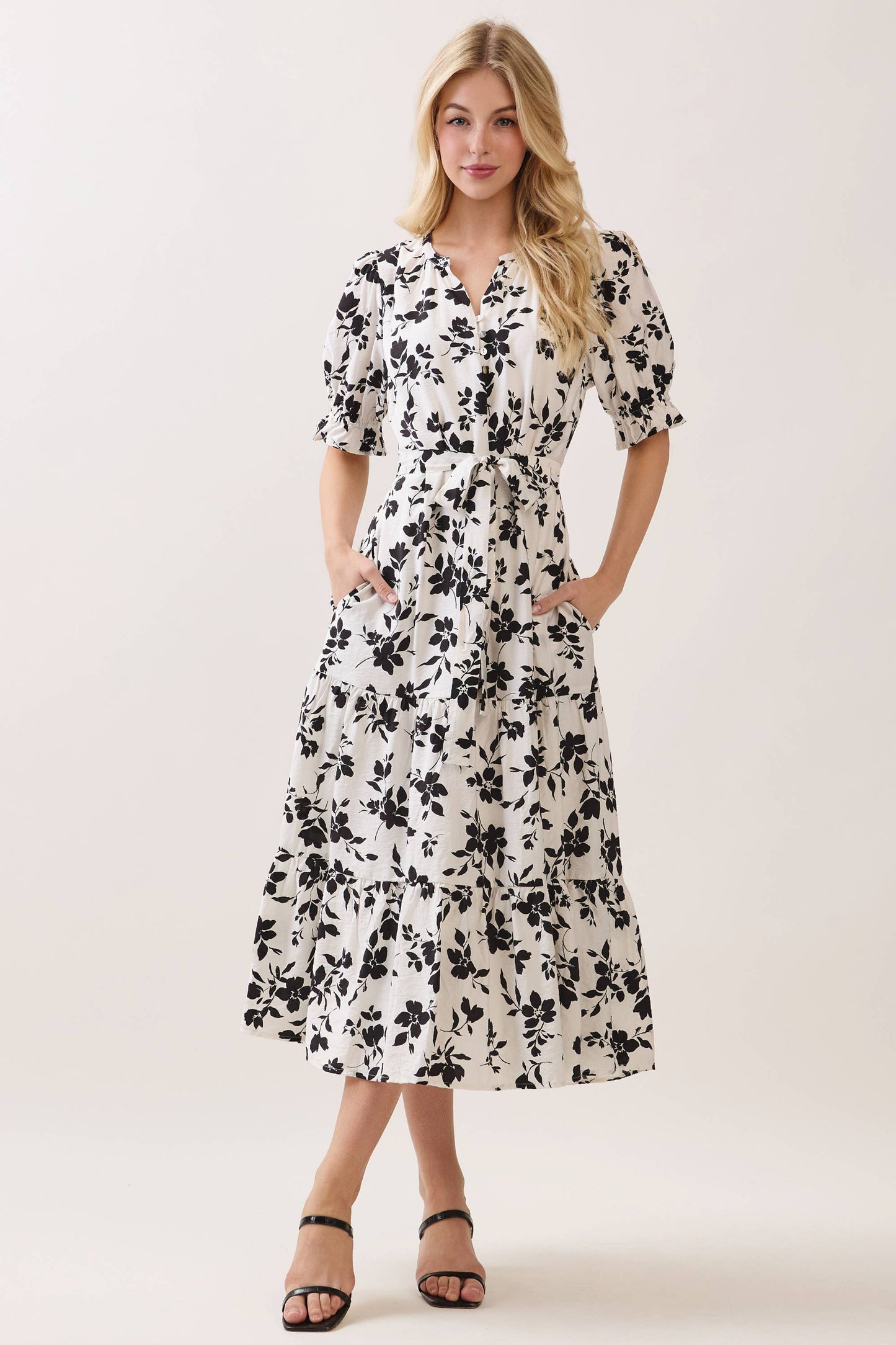 V NECK WAIST TIE TIERED MIDI DRESS -