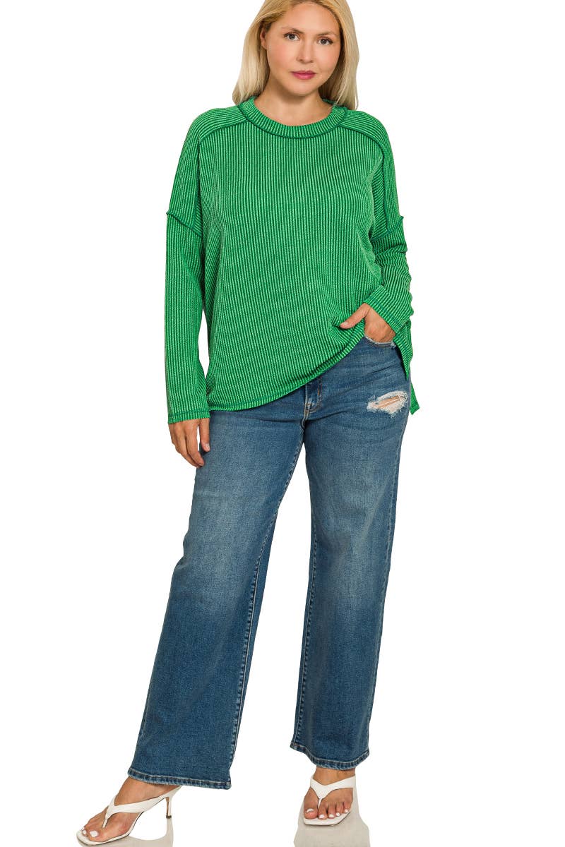 Plus Raised Rib Raw Edge Boat Neck Long Sleeve Top