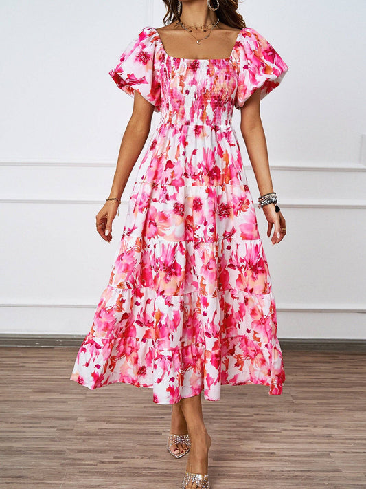 Elegant Off-Shoulder Floral Puffy Sleeve Bubble Dress