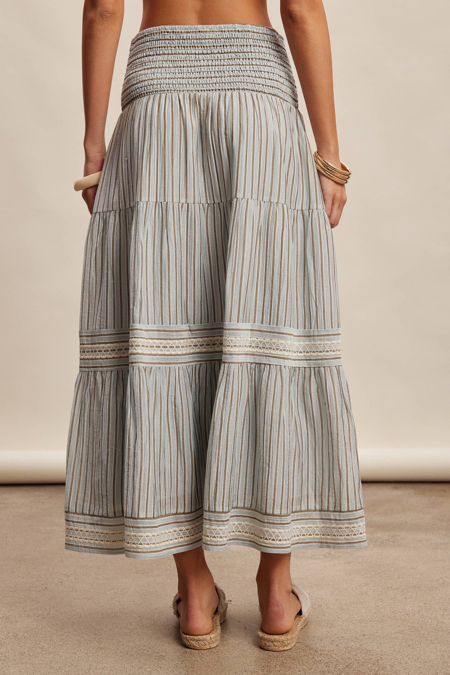 Striped Smocked Maxi Skirt with Embroidery Accents