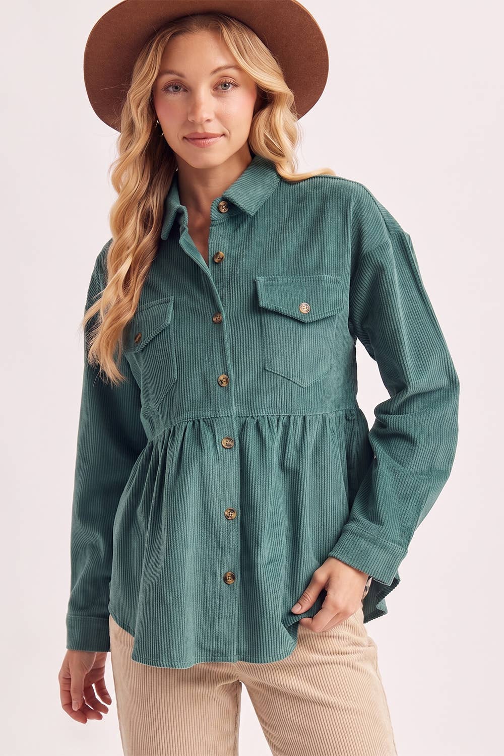 BUTTON DOWN CORDUROY PEPLUM SHACKET