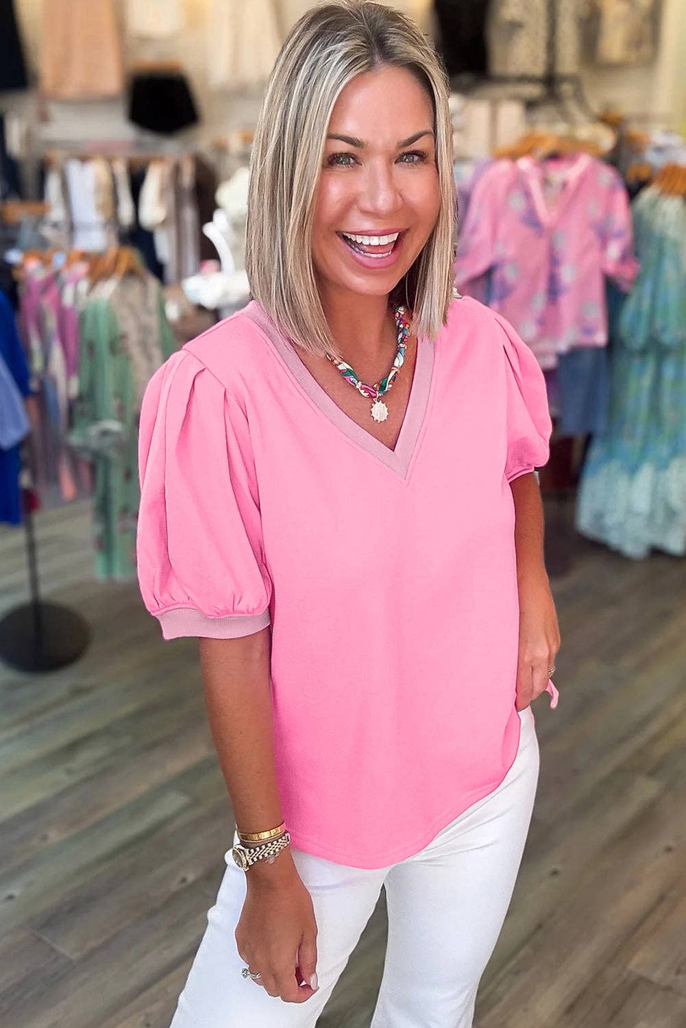 Bonbon Solid V Neck Puff Sleeve Lightweight Blouse Top