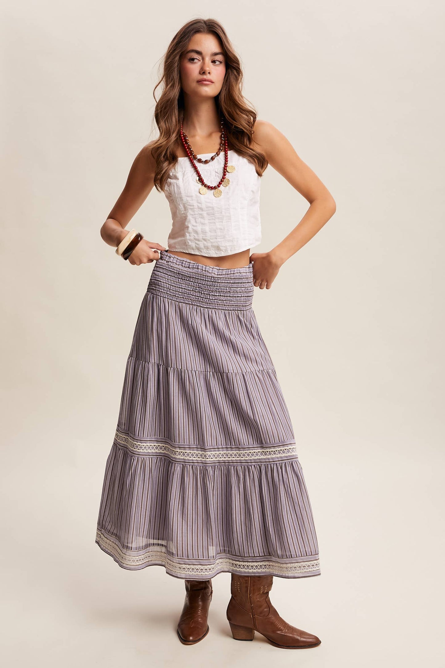 Striped Smocked Maxi Skirt with Embroidery Accents
