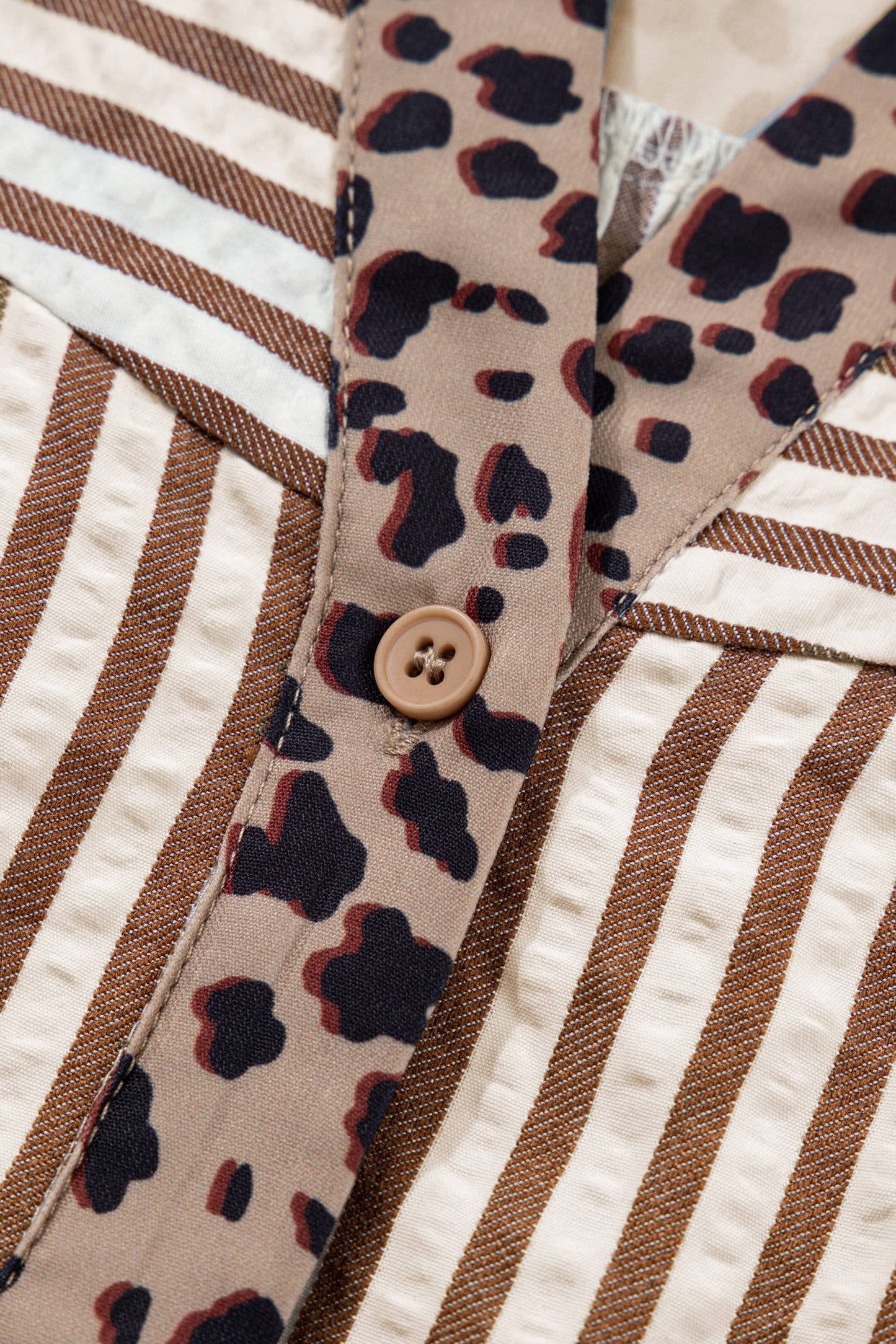 Leopard Trim Button Down Stripe Half Sleeve Shirt