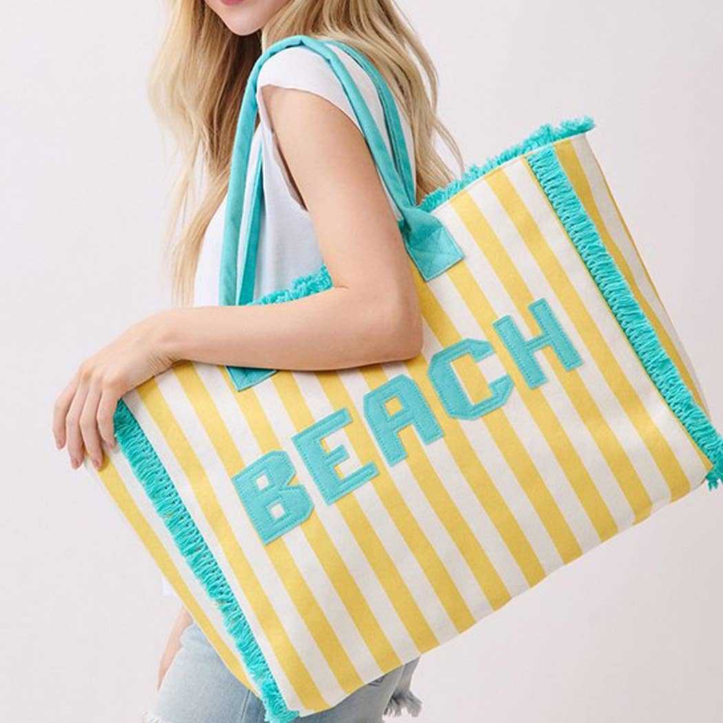 Embroidered Beach Letter Terry Cloth Frayed Striped Tote Ba
