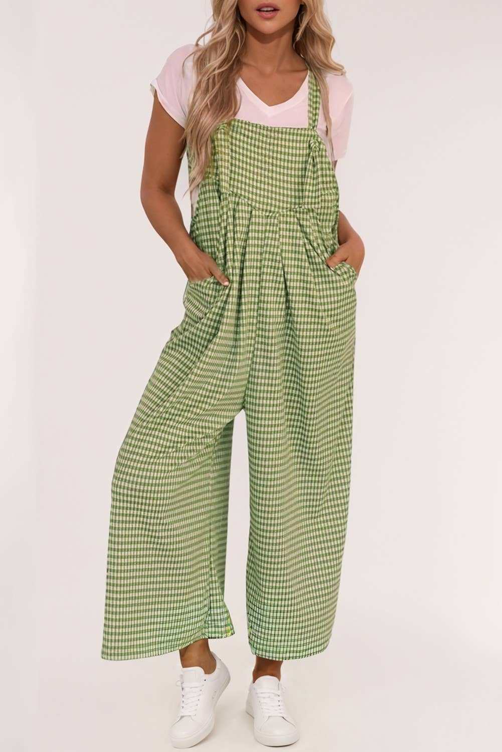 Gingham Wide Leg Loose Overall with Pockets