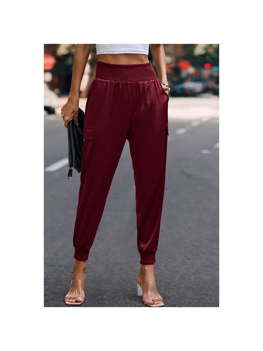 maroon Elastic High Waist Sweatpants Sporty Pocket Pants