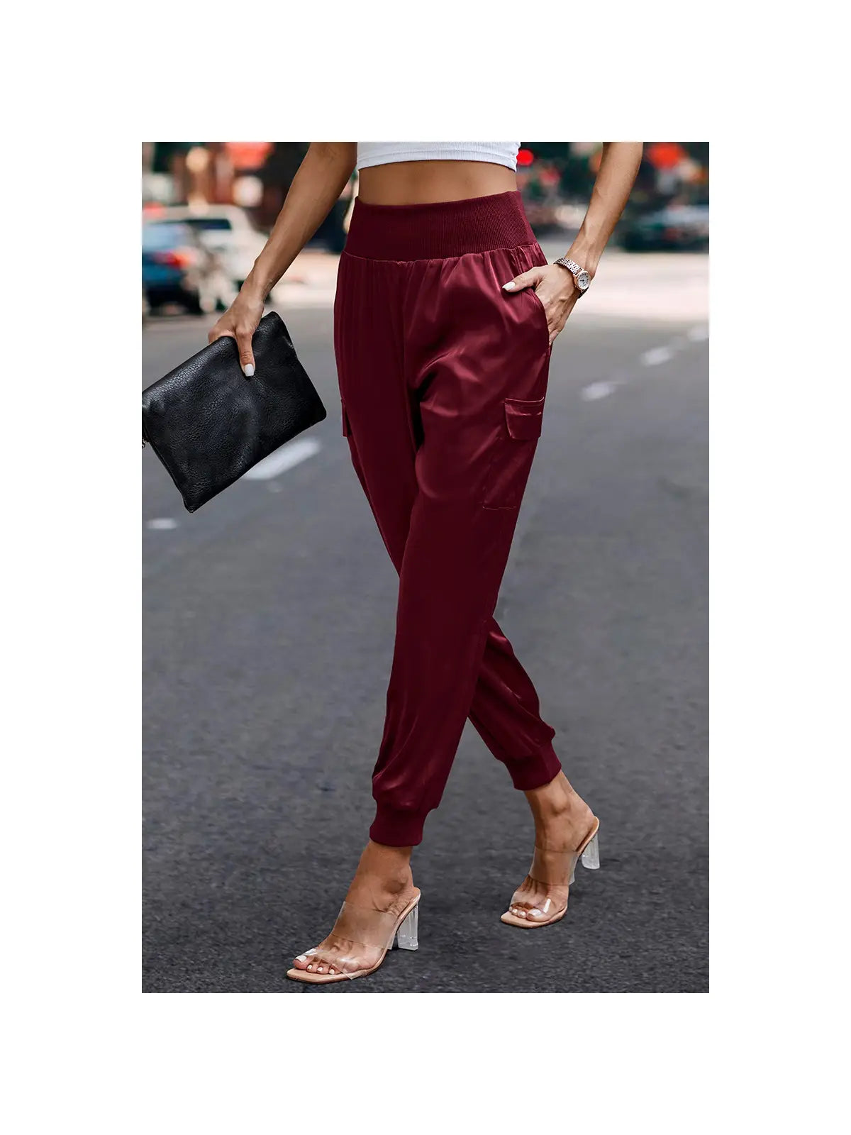 maroon Elastic High Waist Sweatpants Sporty Pocket Pants