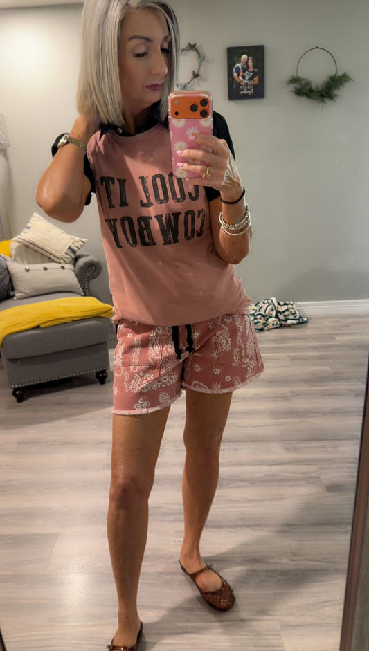 Printed Denim Shorts with Drawcord Waist Detail